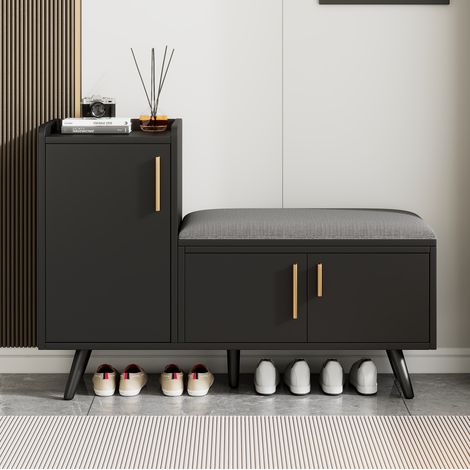 Banc à chaussures avec 3 portes, rangements à niveaux, 100 x 34 x 68,5 cm, noir, REDOM (1/5)