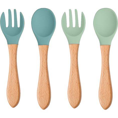 Cuillère En Silicone Et Bois - Fourchette En Silicone Et Bois - Pour Bébé Et Enfants - Lot De 4 Pièces (1/5)