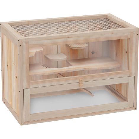 PawHut Cage pour hamsters souris petits rongeurs multi-équipements rampe plateformes toit ouvrant grillagé porte bois de sapin plexiglas