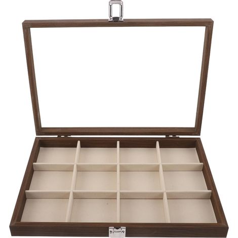 Vintage Schmuckkästchen Organizer mit Glasdeckel Staubdicht Walnuss Oberfläche 12 Fächer für Ringe Halsketten und Ohrringe Schmuckaufbewahrung und Präsentation (1/5)