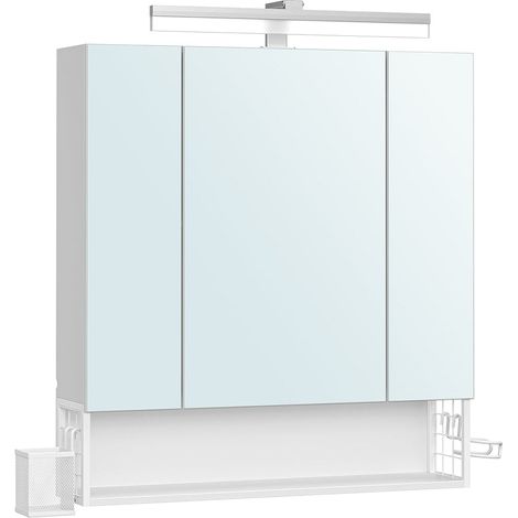 Mobiletto da bagno a 3 ante sospeso con specchio multipresa cestino pensile portaphon e lavabo bianco (120006464)