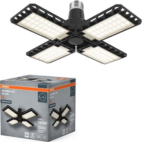 Plafonnier Highbay Blade en plastique noir, avec lames lumineuses réglables, offre 23 W ou 2350 lm en blanc neutre avec 4000 K, filetage E27, diamètre 231 mm, IP20 (1/5)