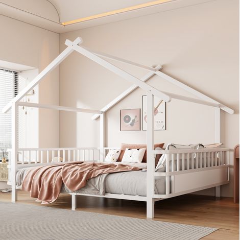 Cama cabaña 140x200 cm - Con barandillas de seguridad - En metal - Blanco (1/4)