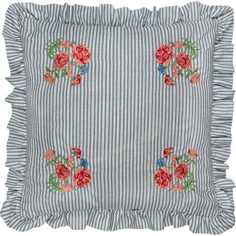 Coussin Garni De Polyester Cottage Champêtre Floral Brodé Rayé Oreiller Décoratif Bleu 50x50cm (1/5)