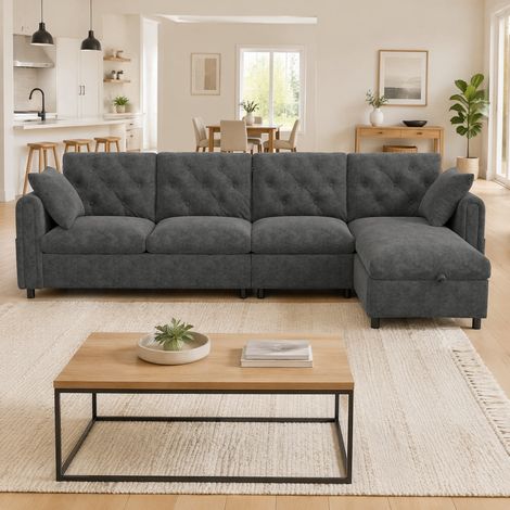 Divano ad angolo 281x132x86 cm, funzione letto e vano contenitore, braccioli con tasche, velluto grigio (1/5)