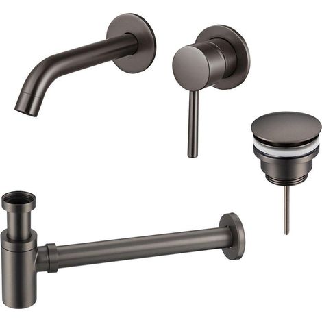 Fortifura Calvi Slim Kit mitigeur lavabo - robinet encastrable - bonde clic clac - siphon design bas - PVD Gunmetal