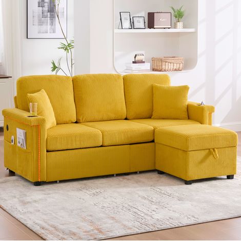 Sofá de pana amarillo mostaza 194 cm con LED, USB-C, almacenaje y cajones (1/5)