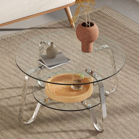 Table basse double étage verre trempé cadre métal style rétro minimaliste Kérian, ajoute une touche élégante au salon et à votre espace de séjour (1/5)