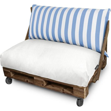 Cojín para Palets Toldotex Blanco-Azul Cielo Set: Asiento 120x80x20 (Blanco-liso)+Respaldo 120x45x25 (rayado) Blanco-Azul Cielo