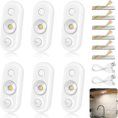 CCYKXALot de 6 lampes LED à détecteur de mouvement à intensité variable avec 3 modes, veilleuse magnétique rechargeable par USB, éclairage blanc sans fil (1/5)