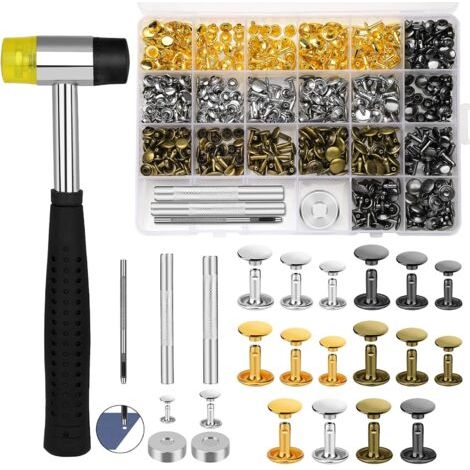 240 ensembles de rivets pour cuir, 3 tailles, rivets tubulaires à double calotte, 4 couleurs, avec marteau en caoutchouc et kit d'outils de fixation (4 pièces) pour la fabrication (1/5)