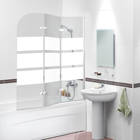 Randaco Pare-baignoire 3 volets pliable sérigraphié à bandes blanches, H.140 x l.120 cm, verre trempé 6 mm, profilé aluminium argenté