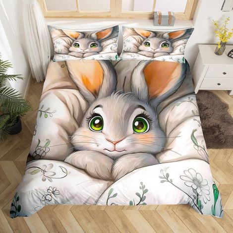 Bettwäsche-Set 220x240cm mit 2 Kissenbezügen 80x80cm, 3D Kaninchen Motiv