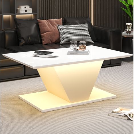 Tavolino da salotto 100x50x46 cm bianco in pannelli di legno, LED, salvaspazio FloraGrace (1/5)