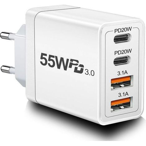 Chargeur Rapide 55W - Multi Secteur - 4 Ports USB - Compatible iPhone, iPad, Samsung - Protection Sécurisée (1/4)