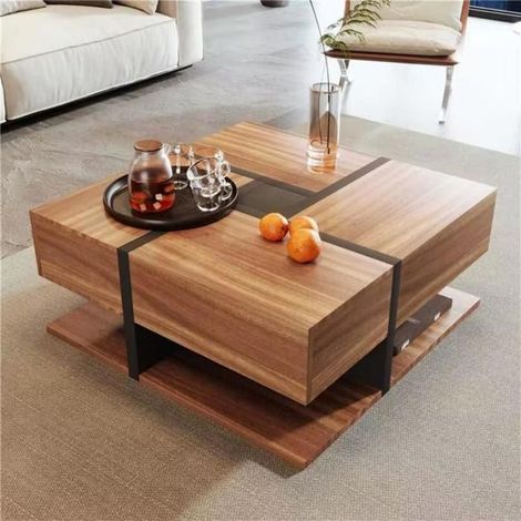 Table basse - Marron - 78x78 cm - 4 tiroirs - Style Scandinave - Facile à assembler