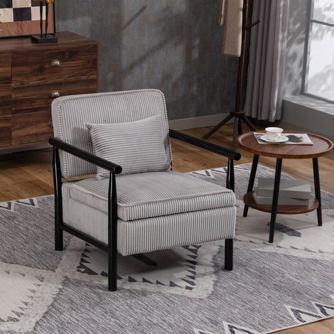 Sillón de terciopelo gris claro con estructura de madera natural, asiento acolchado, cojín lumbar y almacenamiento (1/5)