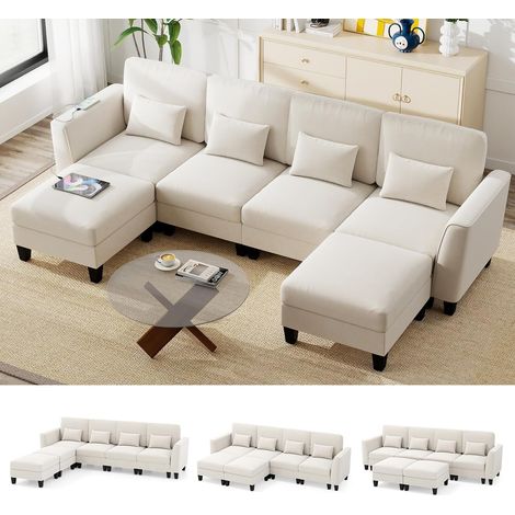 COSTWAY Divano Modulare con 2 Pouf, Divano a Forma di U con Porte di Ricarica USB e Tipo-C, Set Divano da 4 Posti con Doppio Chaise Longue, 280 x 144 x 84 cm (Bianco) (1/5)