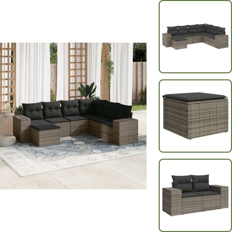 7-tlg. Garten-Sofagarnitur mit Kissen Grau Poly Rattan - Gartensortiment - Outdoor Möbel - Gartenlounge - Lounge Set - Rattan Gartenmöbel (1/5)
