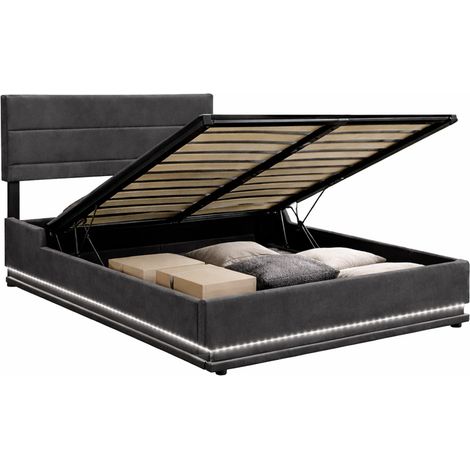 Lit coffre + sommier avec LED en velours gris NEW YORK