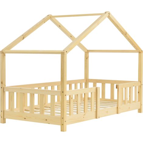 Décoshop26 – Lit cabane pour enfant en bois de pin couleur naturel 70 x 140 cm – Barrière de sécurité intégrée – Assemblage facile – 30005462