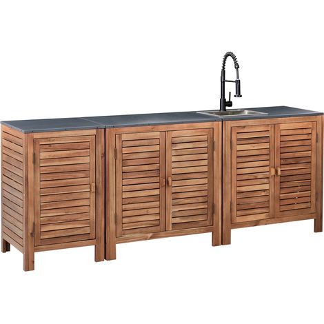 Cocina de jardín exterior de madera de acacia 3 armarios con puerta y estantes encimera de acero con fregadero y grifo marrón y negro Brucoli (1/5)