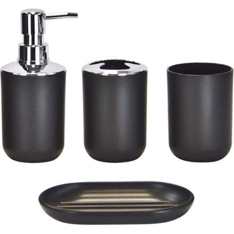 Accessoire Salle De Bain - Ensemble 4 Pièces - Distributeur Savon Liquide Porte Brosse À Dents Tasse À Dents Porte Savon - Noir (1/5)