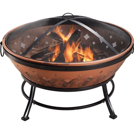 Teamson Home Large 89cm Round Wood Burning Fire Pit, Outdoor Garden Furniture Chimenea, Firepit Heater, Log Burner Fire Bowl with Lid & Poker