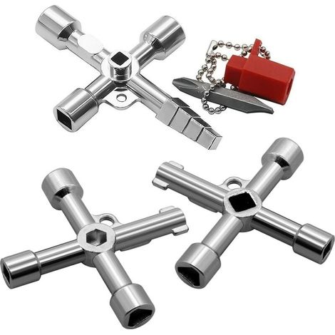 3 clés universelles, 4 en 1, alliage de zinc, électroplacées, pour compteurs eau/électricité/gaz, radiateurs, armoires électriques (1/5)
