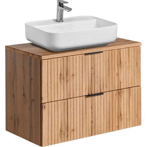 Waschtisch mit Unterschrank 80 cm Set Wotaneiche gerillt, 50 cm Keramik-Waschbecken, 2 Softclose-Schubkästen, B/H/T 80,6/73,2/46,5 cm (1/5)