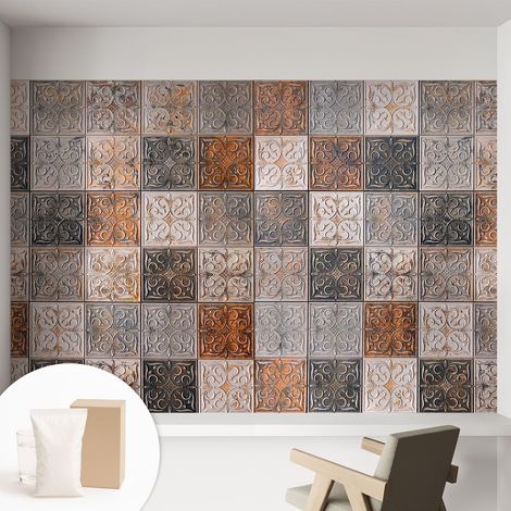 Papier peint intissé mural avec imprimé motifs décoratifs - style contemporain - Colle incluse gratuite Carreaux ornementaux 152x104 cm (1/5)