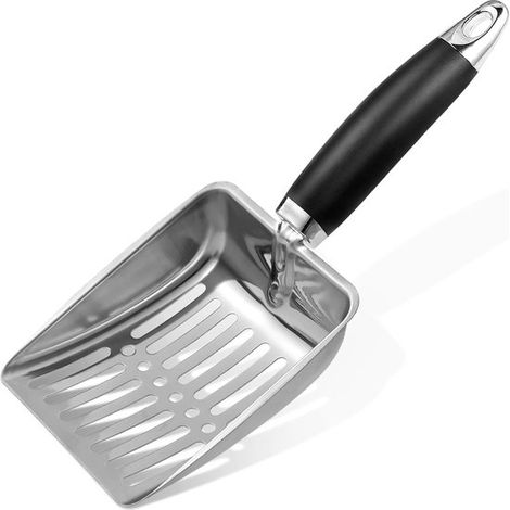 Pala para arena de gato de acero inoxidable，Pala mediana de metal para arena de gato，Pala de malla resistente，Apta para areneros，Negra (1/5)