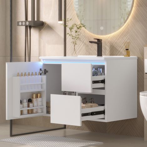 Meuble sous-vasque suspendu avec 2 tiroirs, éclairage LED, étagère de porte, blanc (1/5)