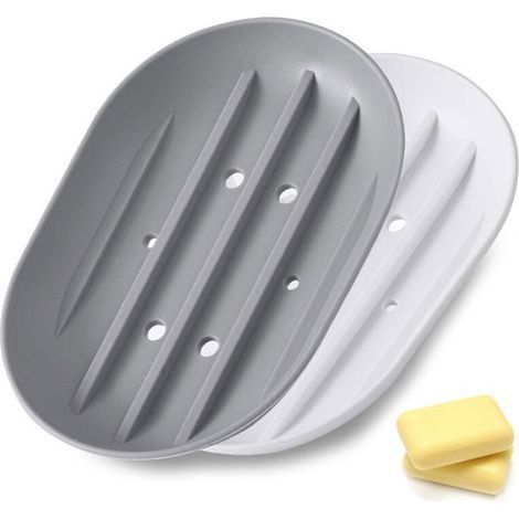 (Blanc + gris) Lot de 2 porte-savons en silicone avec tuyau d'évacuation, porte-savon antidérapant, douche/salle de bain/cuisine (1/5)