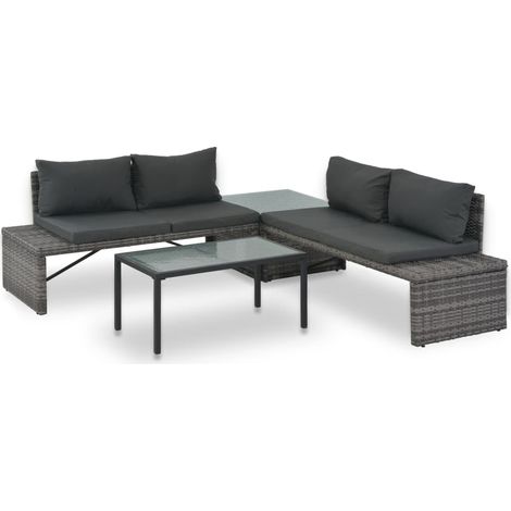 3-tlg. Garten-Lounge-Set mit Polstern Poly Rattan Grau