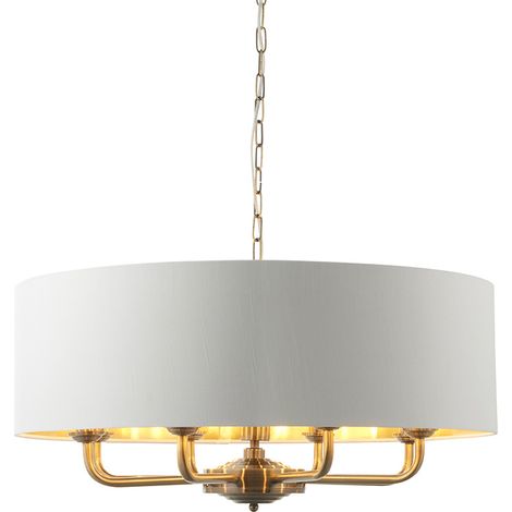 Endon Highclere Lampada da soffitto a sospensione con paralume singolo, piastra in ottone anticato, tessuto bianco vintage (1/5)