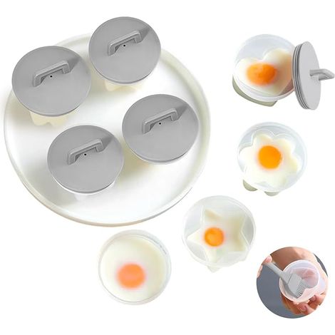 Lot de 4 moules à œufs pochés gris avec couvercle et pinceau à huile, cuiseur à œufs réutilisable en 4 formes différentes, moules antiadhésifs pour œufs sans coquille (1/5)