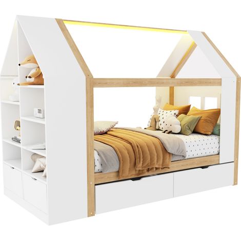 CHICFURN Lit enfant 90x200 cm cabane avec LED, 2 tiroirs, rangements latéraux et coffre rabattable, blanc et bois clair, couchage enfant avec lattes (1/5)