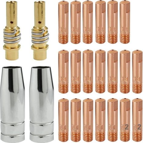 25PCS MB15AK Pointe de Contact M6 0,6mm 0,8mm 0,9mm 1,0mm 1,2mm, Porte-embouts Difuseur, Buse Gas Conique, Embouts de Contact en Cuivre pour Consommables de Torche de Soudage MIG/MAG