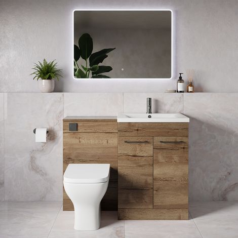 Napoli 460 Tobacco Oak 1100mm 2 Door Vanity Unit Toilet Suite with Glide Basin - 1100mm - Gunmetal Grey 160mm HandleWith Kingston Toilet Pan and Seat