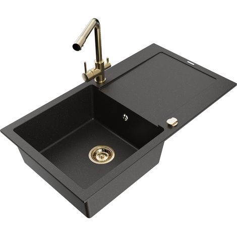 Mexen Leo lavello in granito 1-vasca con gocciolatoio e rubinetto cucina Duero, nero/oro metallizzato - 6501-75-671600-50-B (1/5)