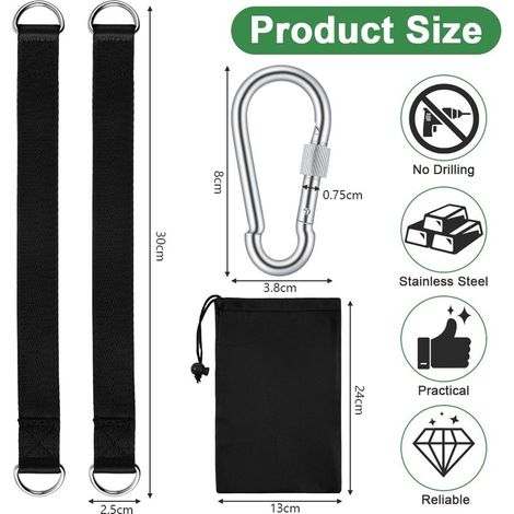 Hängemattengurte, Baumschaukelbefestigung, 2 Stück 30 cm lange, verstellbare Baumschaukel-Aufhängegurte mit 2 Karabinern und D-Ringen, Hängematten-Aufhängezubehör für Camping und Garten (1/5)