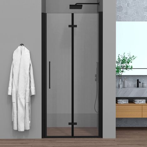 Porta doccia a soffietto per nicchia 75cm in vetro temperato trasparente con profili neri Neos