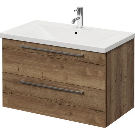 Napoli 460 Tobacco Oak 800mm Wall Mounted 2 Drawer Vanity Unit with Glide Basin - 800mm - Chrome 480mm Handle