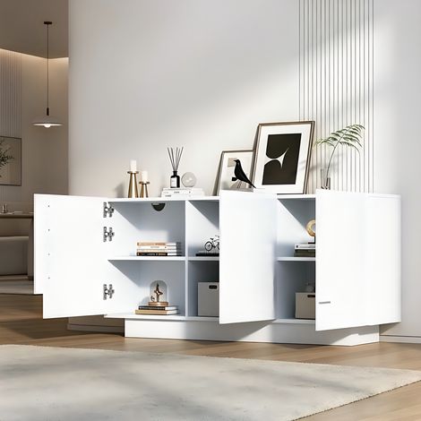 REDOM - Aparador 160x35x60 cm, 3 puertas, 6 espacios de almacenaje, estantes ajustables, superficie fácil de limpiar, tablero de partículas blanco (1/5)