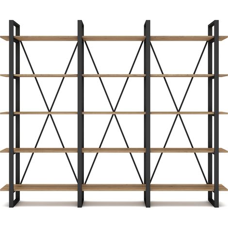 Etagère haute, meuble étagère aspect bois coloris naturel et métal noir - Longueur 217,50 x Profondeur 34,50 x Hauteur 180 cm (1/5)