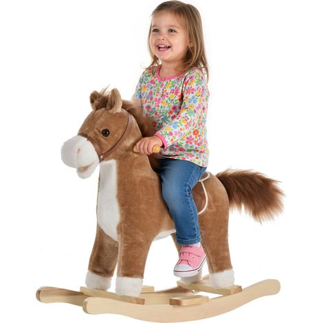 Cavallo a dondolo con comoda sella, morbido peluche corto, in legno di pioppo, marrone, dimensioni: 65L x 32,5W x 61H cm (1/5)