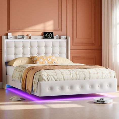 Letto matrimoniale sospeso 140x200 cm - Design moderno - Velluto bianco - LED RGB e porte USB-C/USB - Rete silenziosa (1/5)