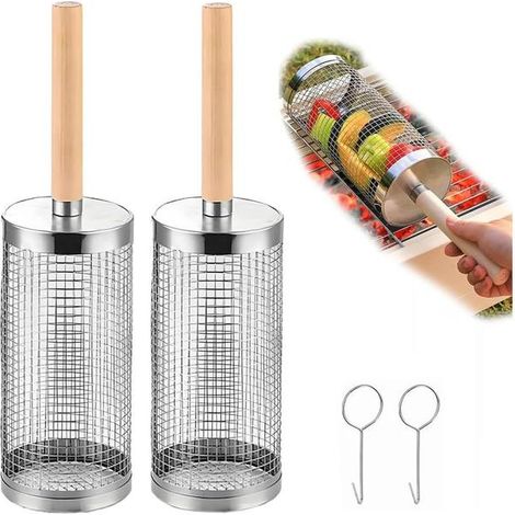 Confezione da 2 cestelli per griglia con ruote in acciaio inox 304 - Con manico in legno rimovibile, perfetti per verdure, gamberi e barbecue, pratici accessori per grigliate all'aperto. (1/5)