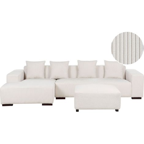 Corner Sofa 4 Seater LUNGO Corduroy Off-White with Ottoman Right Hand